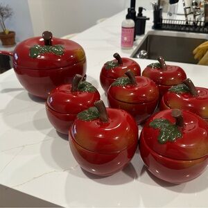 Lands' End Red Apple Ceramic Canister Set with Green Leaves